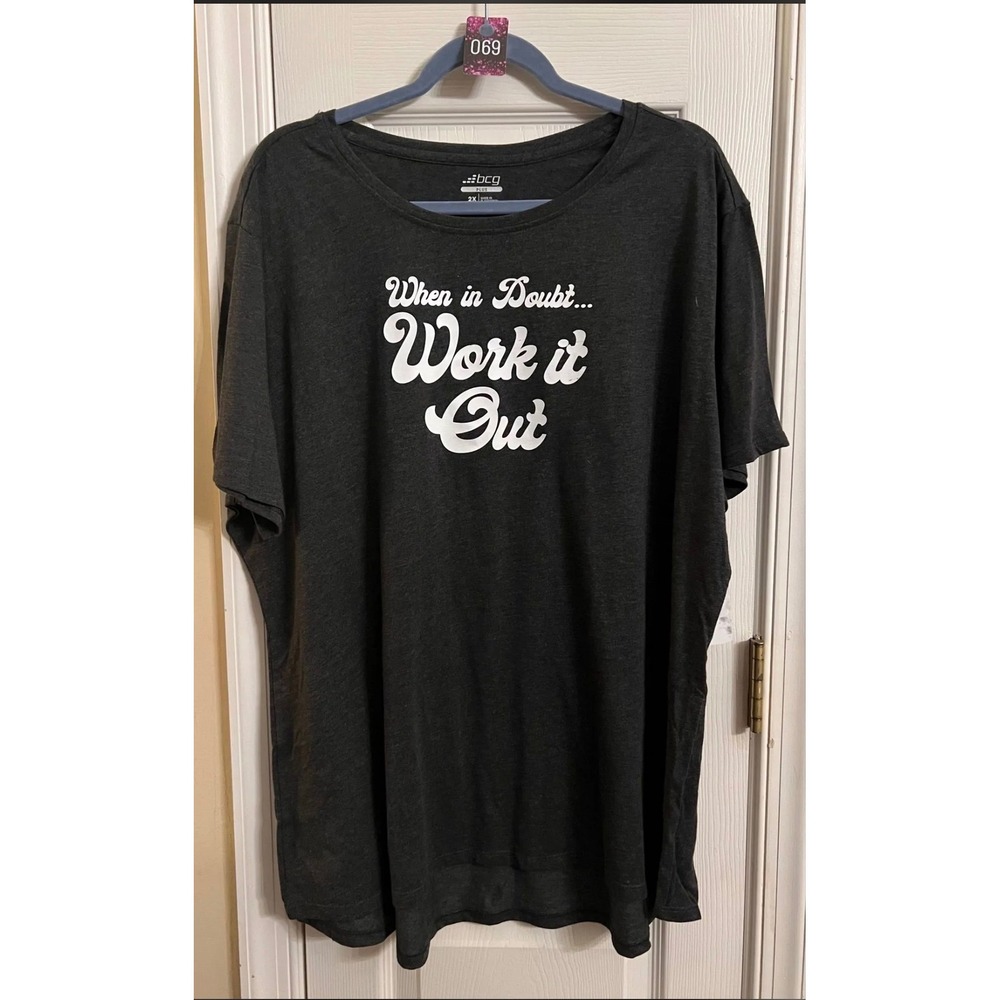 BCG Plus Womens 2X Charcoal Grey Work It Out Graphic Activewear T-Shirt